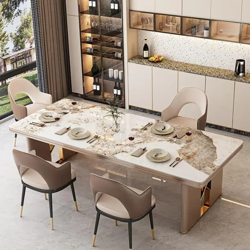 Luxury light rock plate dining tables and chairs. Modern simple marble villa rectangular dining table