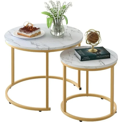 Coffee Table Nesting White Set of 2 Side Set Golden Frame Circular Round and Marble Pattern Wooden Tables