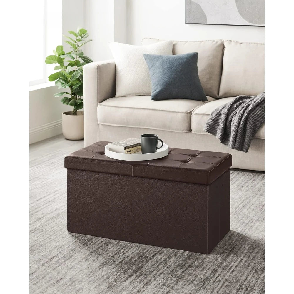 30 Inch Folding Faux Leather Footstool with Flip Cover, Brown Ottoman Stool with Storage Function