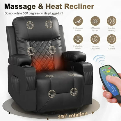Living Room Sofa Set, 3 Seat Reclining Sofa and 2PC 360° Swivel Recliner Chair with Heat and Massage for Living Room Sofa