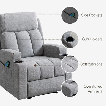 Home Manual Recliner Chair with Massage and Heat for Living Room Overstuffed Breathable Fabric Reclining Chair with 2 Side Pocke