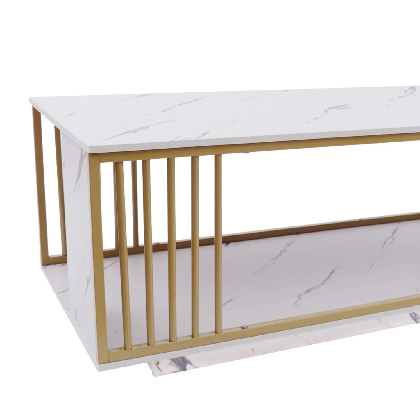 Modern 2-Tier White+Gold Coffee Table High Gloss Marble Veneer Rectangle, Waiting Area Table