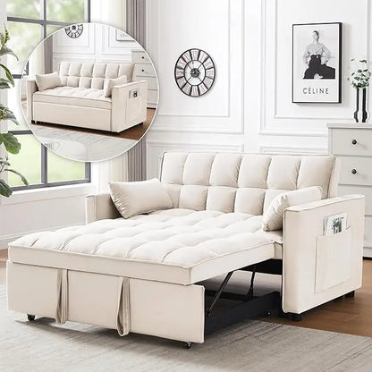 3 in 1 Convertible Sleeper Sofa Bed, Futon Couches for Living Room with Side Pocket, Adjustable Backrest, Velvet Fabric