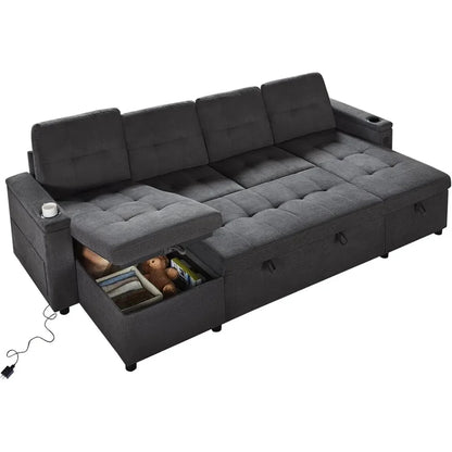 110 Inch Sofa Bed, Sleeper Couch Bed with 2 USB & Cup Holders, Oversized U Shaped Pull Out Couch with Storage Chaise & 3 Seater