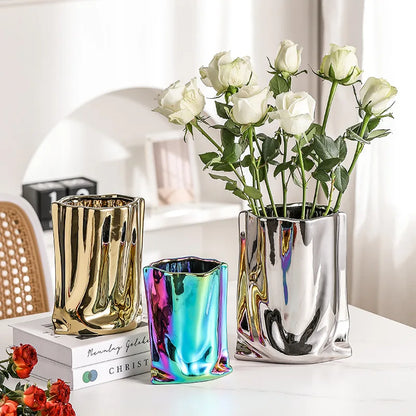 Modern Pleated Ceramic Electroplating Vase for Hydroponics