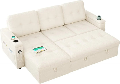 110 Inch Sofa Bed, Sleeper Couch Bed with 2 USB & Cup Holders, Oversized U Shaped Pull Out Couch with Storage Chaise & 3 Seater