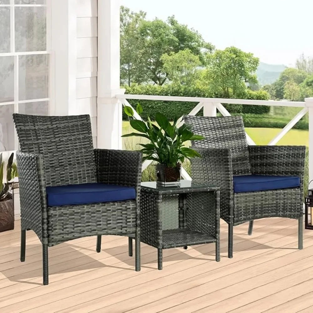 3-piece Terrace Furniture Set, Outdoor Terrace Furniture Set with PE Rattan Wicker Chairs and Table