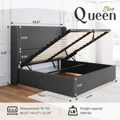 Queen Size Upholstered Lift-Up Storage Bed with Modern Wingback Headboard