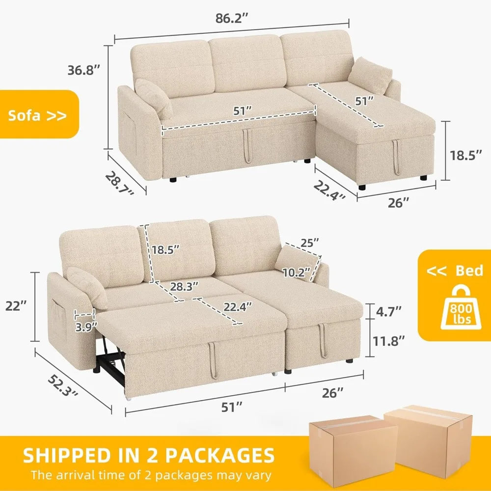 86" Sleeper Couch, 2 in 1 Convetible Sofa Bed with Pull Out Couch Bed and Storage Chaise,L-Shape Sectional living room sofas