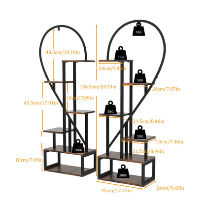 2 Pack Half Heart Shaped Metal Plant Stand 6-tier Garden Display Shelf with Hooks for Home Patio Lawn Flowers