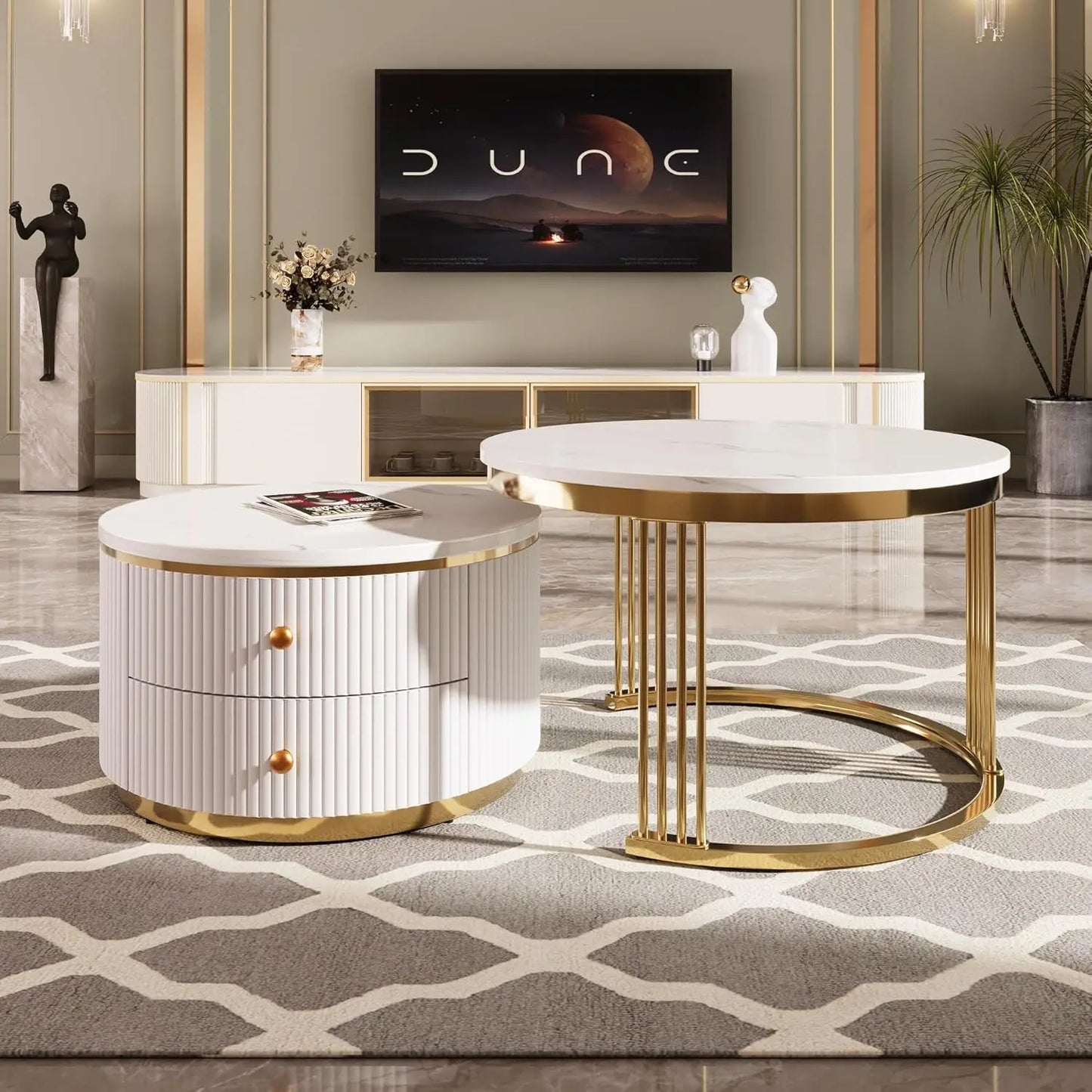 27.6, Gold+White Modern 2 Pieces Round Nesting Coffee Table with Drawers