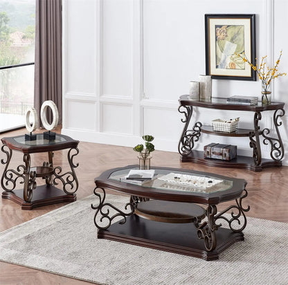 2-Tier Brown Vintage Wooden Coffee Table, Retro Glass Tea Table Top Carved Flower Shaped Table Legs Small Space Apartment Office