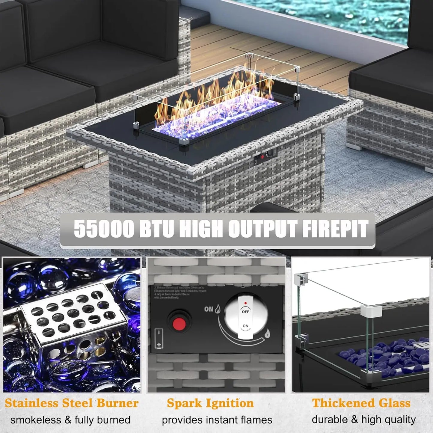 8 Piece Patio Furniture Set with 44" Propane Gas Fire Pit Table, Set Wicker Rattan Sofa Set and Coffee Table Rattan Möbel