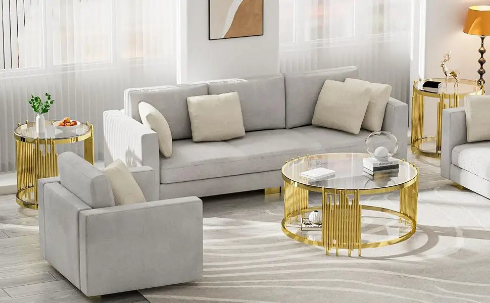 Glass Coffee Table Round Modern Living Room Table, Gold Stainless Steel Metal Leg Clear Tempered Glass, Sofa Center Table