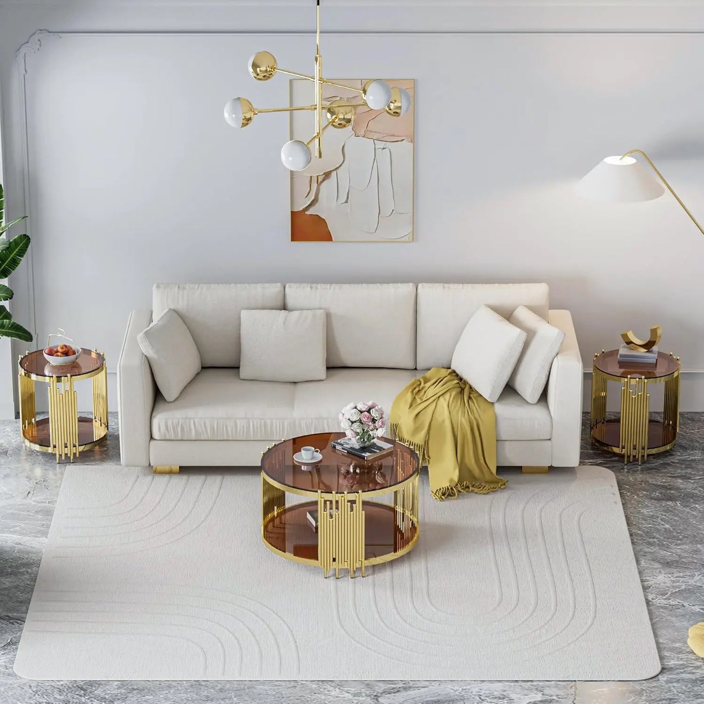 Glass Coffee Table Round Modern Living Room Table, Gold Stainless Steel Metal Leg Clear Tempered Glass, Sofa Center Table