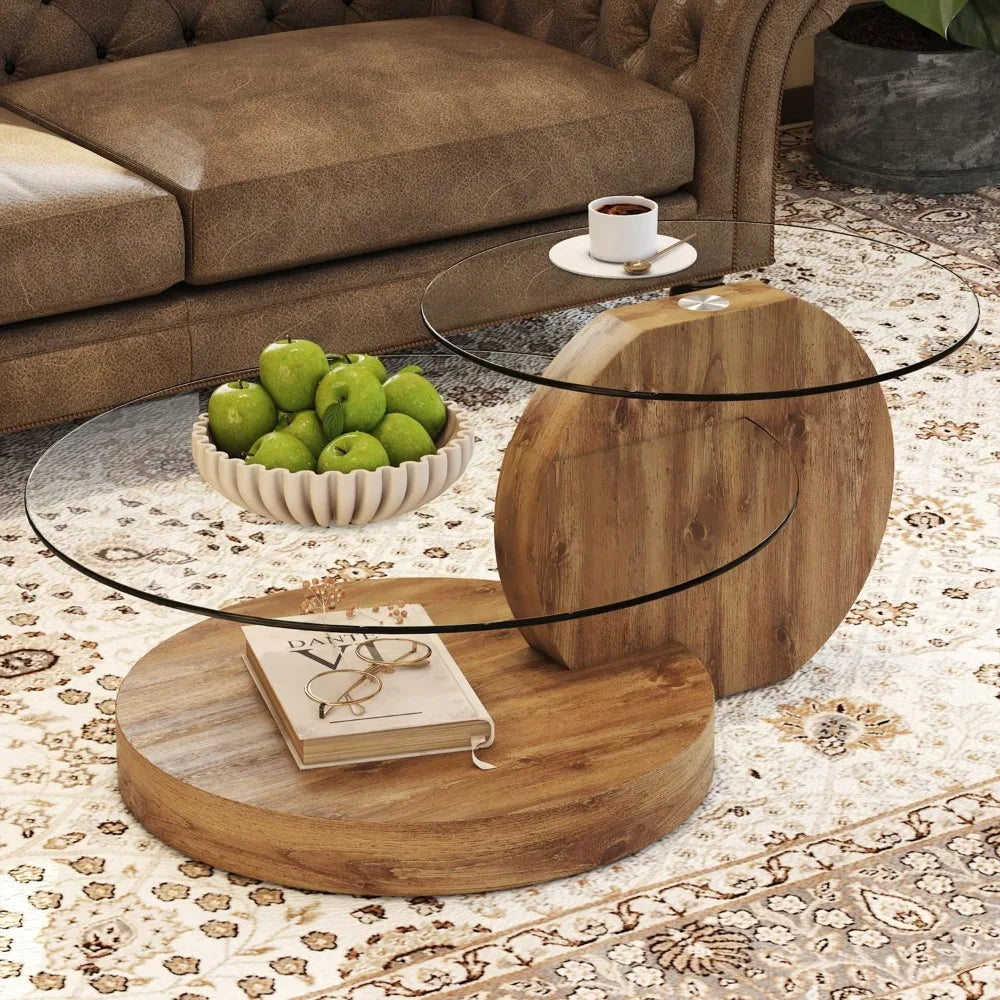 Glass Coffee Table, Modern Round Tempered Glass Coffee Tables for Living Room, 3-Tier Circle Wood Coffee Table