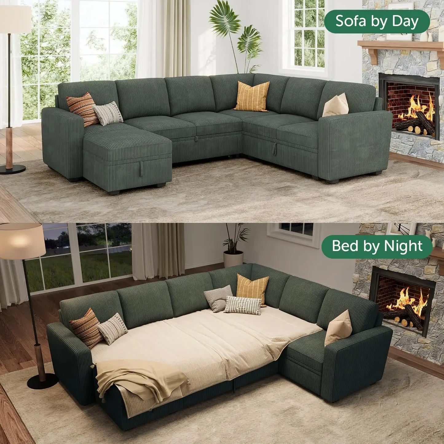 Modular Sectional Sleeper Sofa with Pull Out Bed,Corduroy Sectional CouchOttoman,U Shaped Sectional Couches Living Room,Green