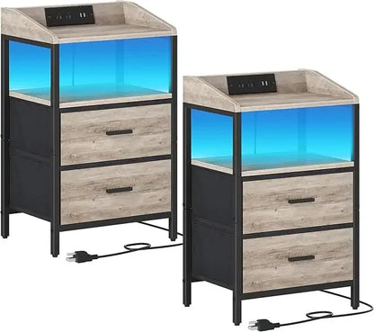 2-piece Nightstands,Modern Side Table with LED Lights and Charging Station, USB Port and Power Outlet Nightstands