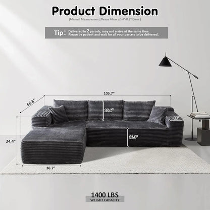 104" Cloud Sectional Couch with L-Shape Chaise Modern Modular Sofa with Deep Seat Upholstered Couches Grey Plush Corduroy Fabric