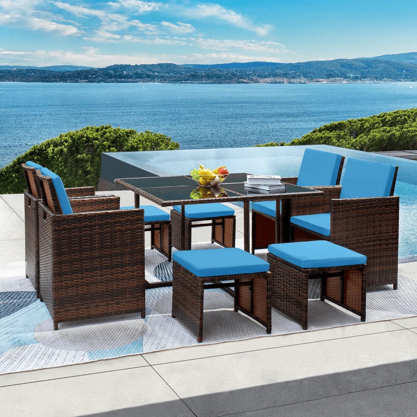 9 Pieces Patio Outdoor Wicker Rattan Chairs and Tempered Glass Table Sectional Conversation Set with Ottoman