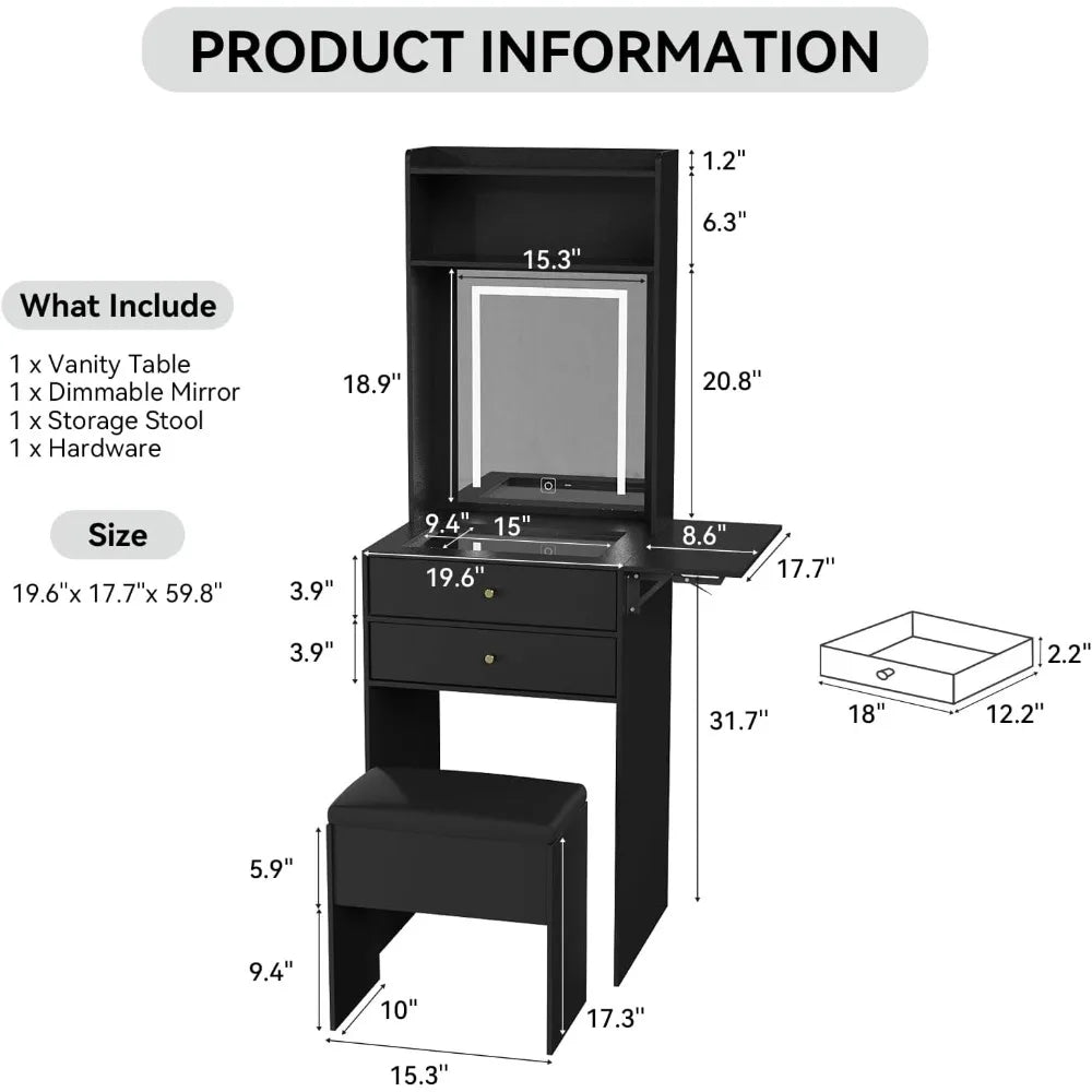 Compact Black Vanity Table with Fold-Up Panel and Storage Chair