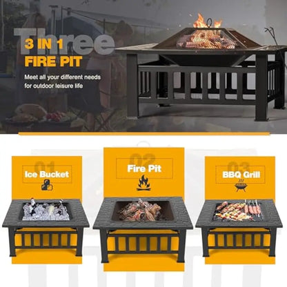 32-inch Metal Fire Pit Table - Square, Multiuse with Screen & Cover