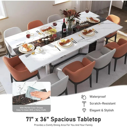 71-Inch White Dining Table with Marble-Color Top – Adjustable Legs