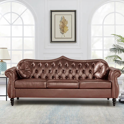 1 - AVZEAR 82" Three Seater Sofa, Chesterfield Sofa, Mid-Century Modern PU Upholstered Sofa, Deep Button Tufted Living Room Sofa wit