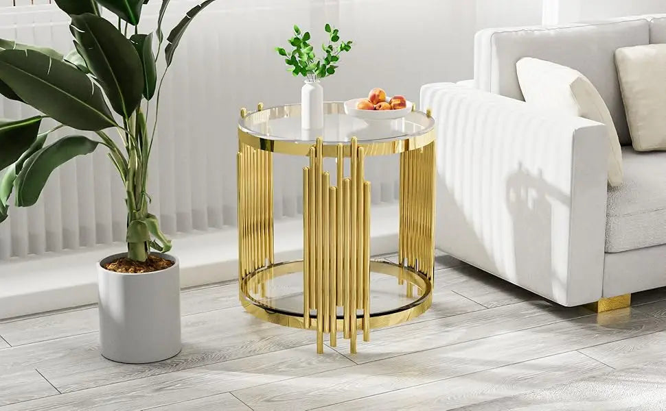 Glass Coffee Table Round Modern Living Room Table, Gold Stainless Steel Metal Leg Clear Tempered Glass, Sofa Center Table