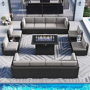 15 Piece Patio Furniture Set with Fire Pit Table, Outdoor Conversation Sets Wicker Rattan Sectional Sofa with Coffee Table