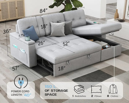 110 Inch Sofa Bed, Sleeper Couch Bed with 2 USB & Cup Holders, Oversized U Shaped Pull Out Couch with Storage Chaise & 3 Seater