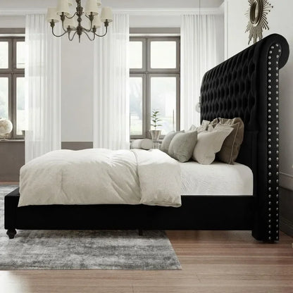 Bed Frame King Size Velvet Tall Headboard King Bed Frame with Button Tufted 52.8" Tall Sleigh Headboard Easy Assembly Black