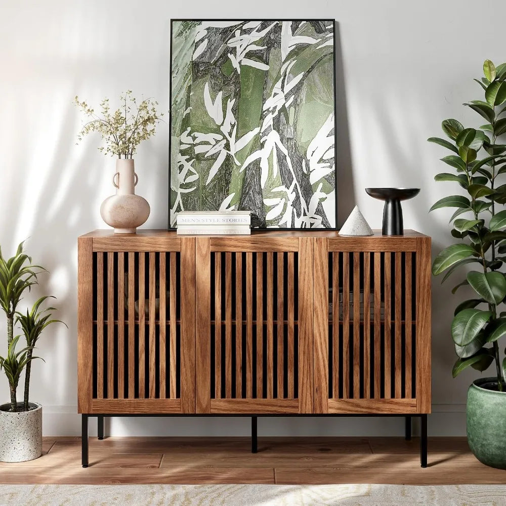 Buffet Cabinet with Metal Base, Adjustable Shelves, 3 Doors