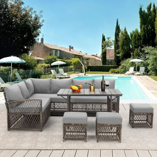 Patio Furniture Set, 7 Pieces Wicker Outdoor Sectional Sofa with High Table and Chairs,   Dining Set with Ottoman for Garden