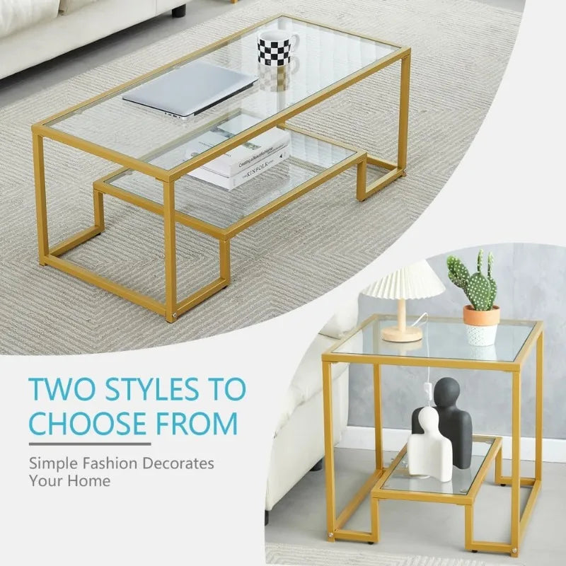 Golden Metal Glass Coffee Table - Two-Tiered with Tempered Glass, Stylish Metal Frame Coffee Table for Bedroom, Dining Room