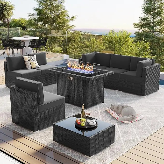 8 Piece Patio Furniture Set with 44" Propane Gas Fire Pit Table, Set Wicker Rattan Sofa Set and Coffee Table Rattan Möbel