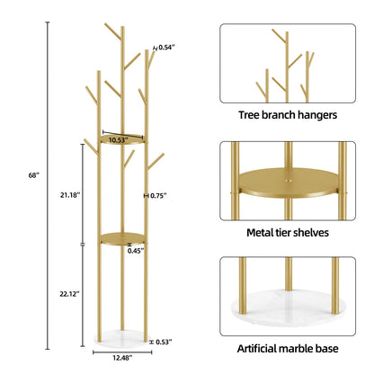 Marble Metal Coat Rack Freestanding with 3 Storage Shelves and 9 Hooks, Enterway Hall Tree for Hanging Coats, Jackets, Hats, Bag