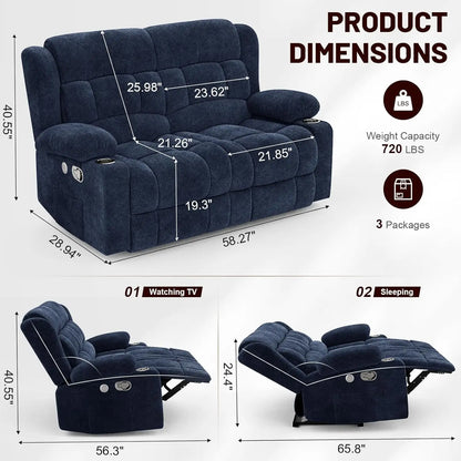 Loveseat Recliner Sofa, 2 Seater Minimalist Style Fabric Manual Pull Tab Reclining Loveseat with USB Charge Ports, Cup Holders