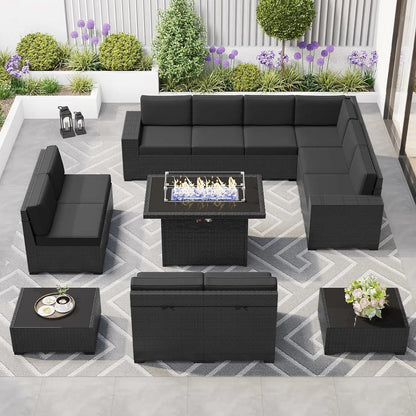 8 Piece Patio Furniture Set with 44" Propane Gas Fire Pit Table, Set Wicker Rattan Sofa Set and Coffee Table Rattan Möbel