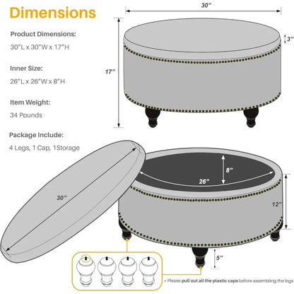 Home Upholstered 30" Round Storage Ottoman, Velvet Button Tufted Ottoman with Removable Lid, Bench with Wood Legs, Black