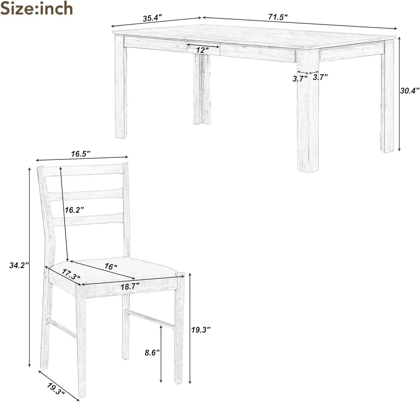 7 Pieces Wooden Dining Table Set Rectangle Extendable Table with 12” Leaf and 2 Drawers, 6 Dining Chairs with Soft Cushion