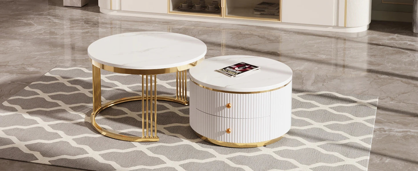 27.6, Gold+White Modern 2 Pieces Round Nesting Coffee Table with Drawers