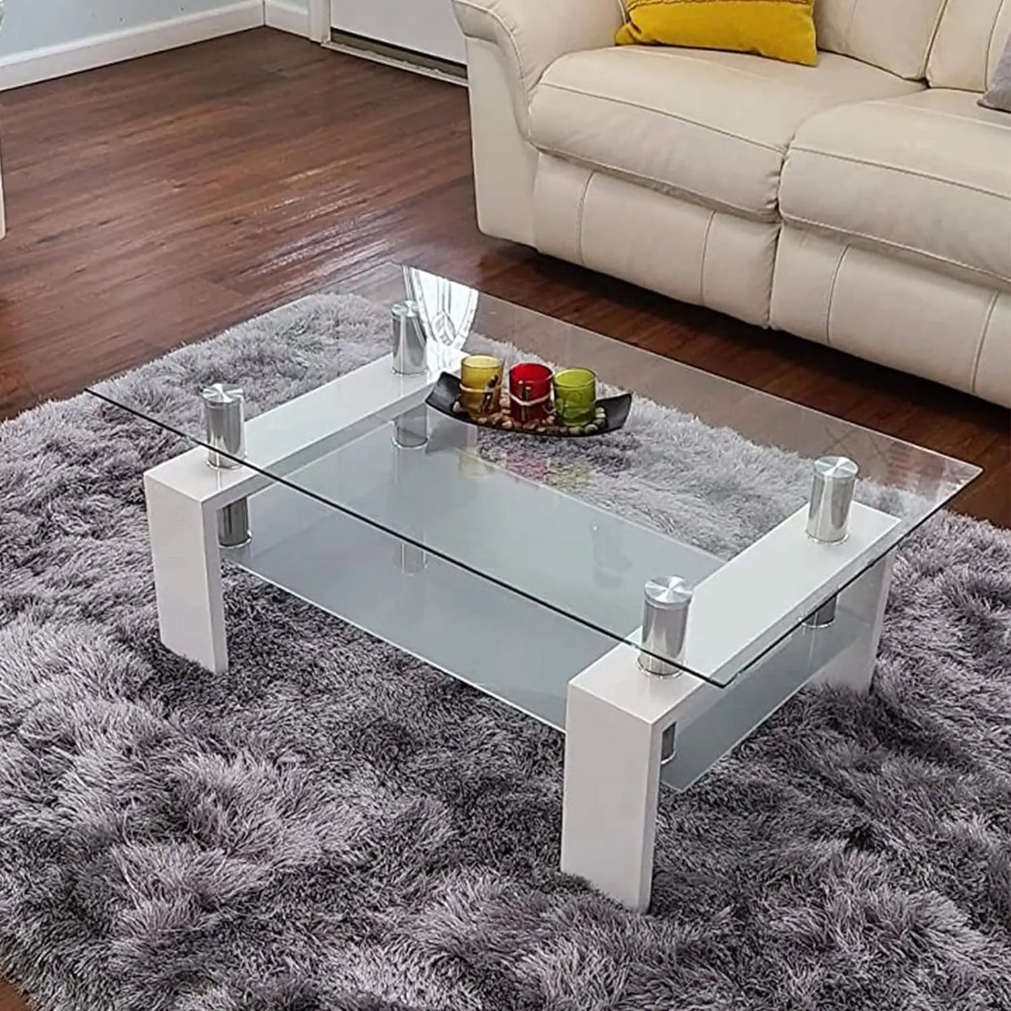 Modern 2-Tier Rectangle Glass Coffee Table for Living Room