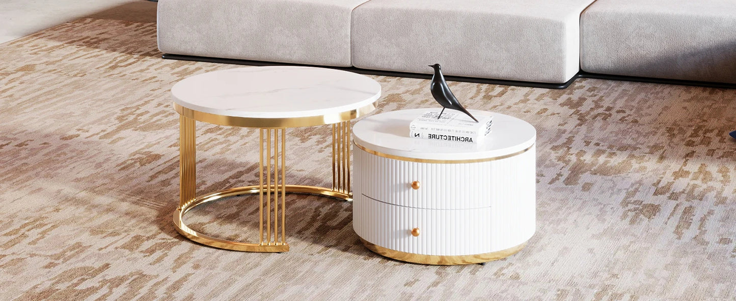 27.6, Gold+White Modern 2 Pieces Round Nesting Coffee Table with Drawers