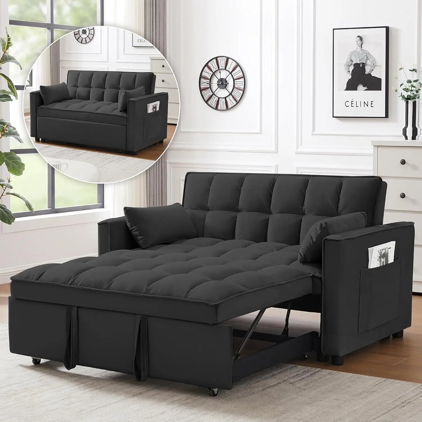 3 in 1 Convertible Sleeper Sofa Bed, Futon Couches for Living Room with Side Pocket, Adjustable Backrest, Velvet Fabric