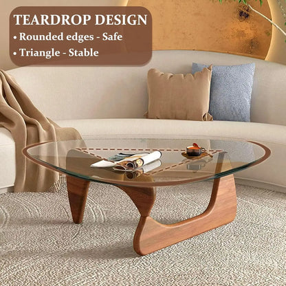 Coffee Tables for Living Room - Triangle Glass Coffee Table with Wooden Base Mid-Century Modern Abstract End Table