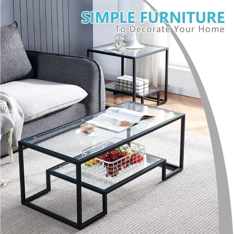 Golden Metal Glass Coffee Table - Two-Tiered with Tempered Glass, Stylish Metal Frame Coffee Table for Bedroom, Dining Room