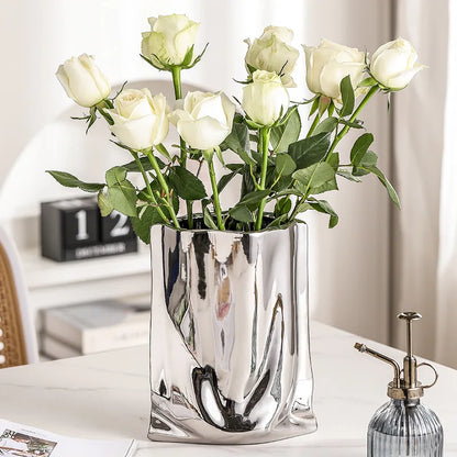 Modern Pleated Ceramic Electroplating Vase for Hydroponics