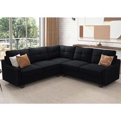 Living Room Convertible Sectional Sofa, 82.7 Inch L-Shaped Couch, Reversible Sectional Couch for Small Apartment, Velvet Black