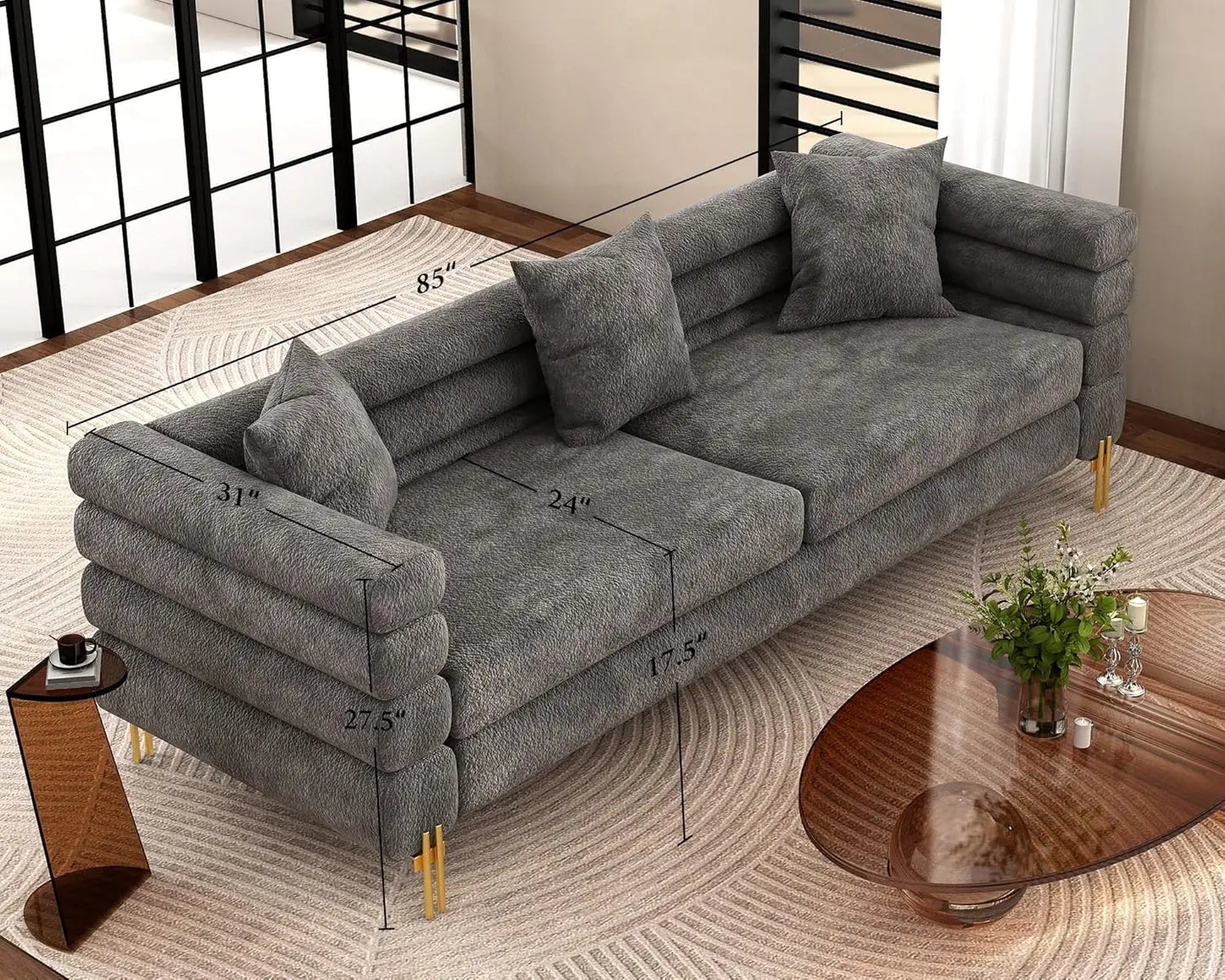 Oversized Sofa 85 Inch Sofa Couch 3 Seater Comfy Bouclé Deep Seat Sofa for Living Room Grey Streamlined Modern Style